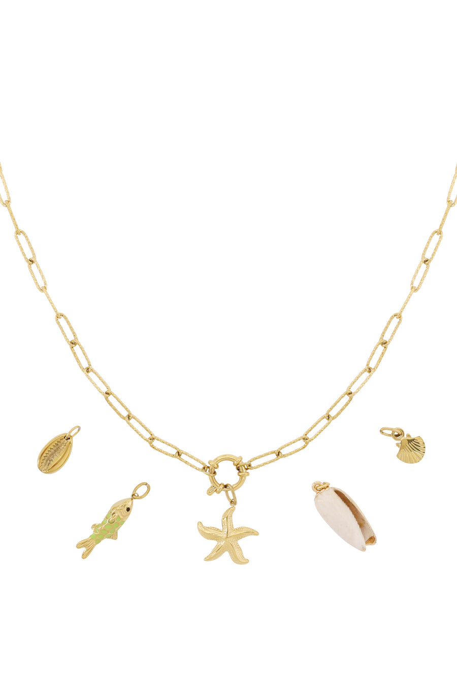 Collier pour femme avec pendentif en acier inoxydable, coquillage, émail avec motif poisson et motif étoile de mer