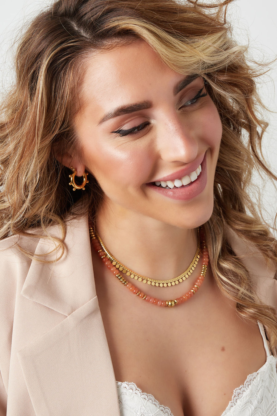 Collier à maillons en acier inoxydable à pois pour femme - Argent et or