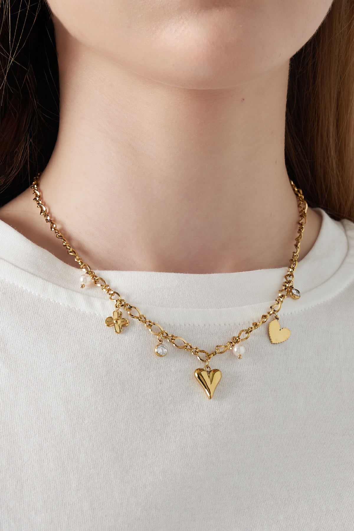 Women's necklace with 304 stainless steel, rhinestone, imitation pearl heart-shaped pendant – gold-colored – image 2