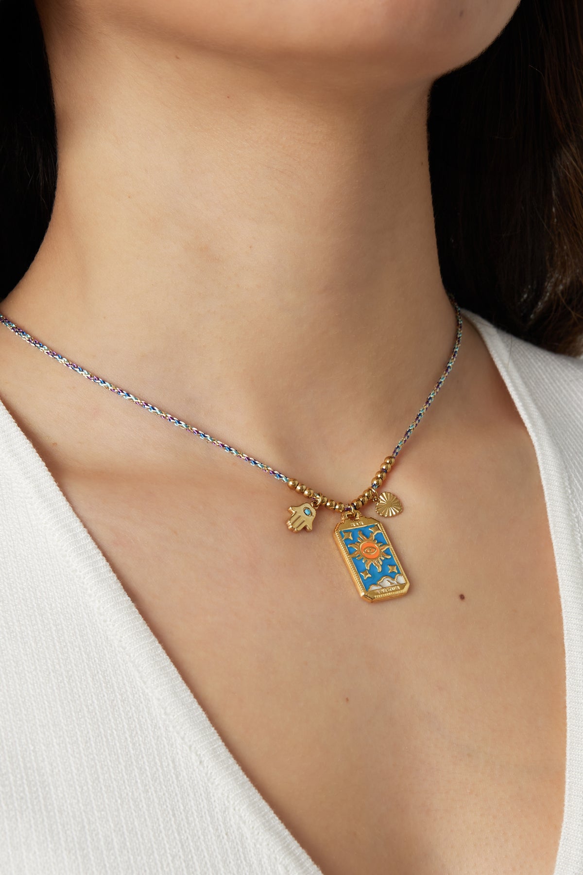 Braided Women's Necklace, 304 Stainless Steel, Enamel, Cord, Rhinestone with Sun Motif – Blue – image 2