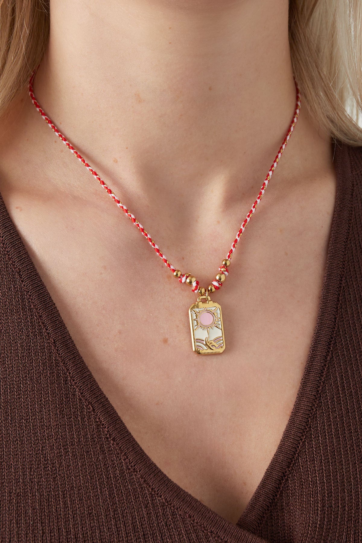 Braided women's necklace made of 304 stainless steel, enamel, cord with sun motif – pink – image 2