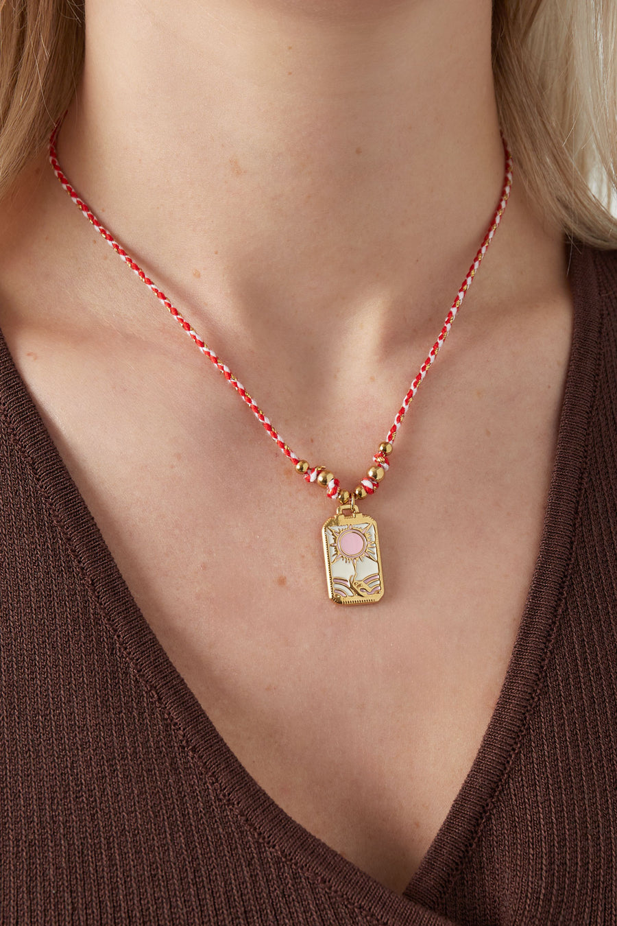 Collier tressé pour femme en acier inoxydable 304, émail, cordon avec motif soleil – rose