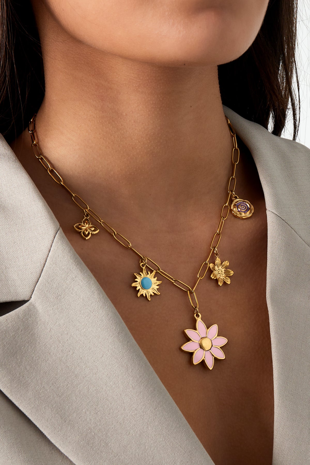Collier pour femme avec pendentif en acier inoxydable 304, motif floral et solaire – photo 2