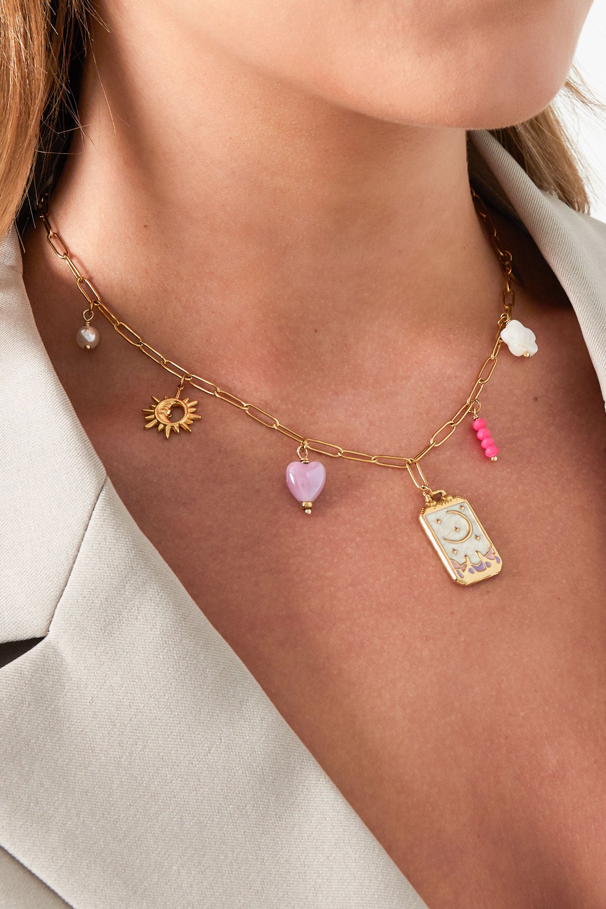 Ladies' necklace with sun and flower motif pendant – gold-colored and silver-colored – image 2