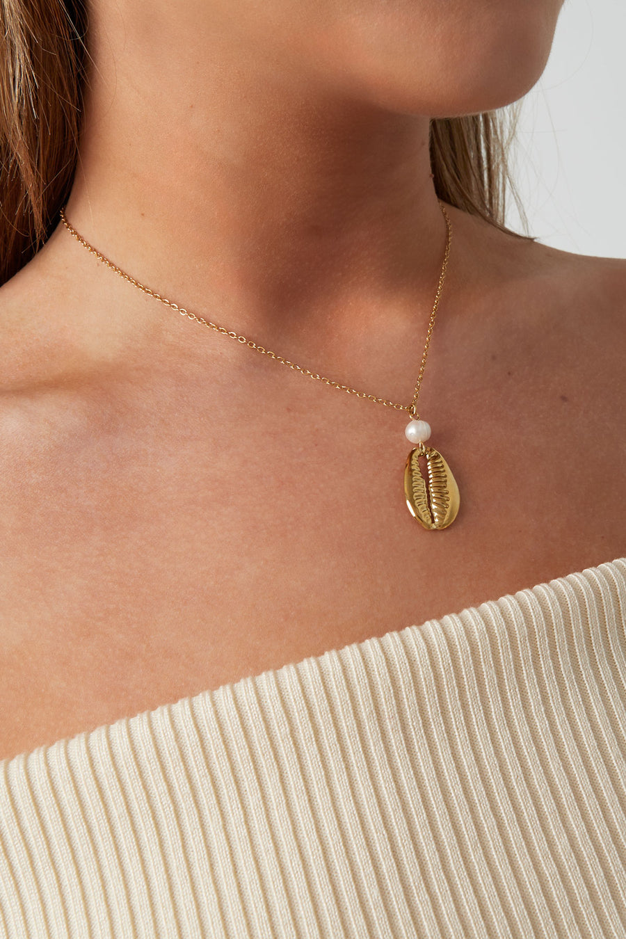 Collier pour femme en acier inoxydable, pendentif perle d'imitation avec motif coquillage
