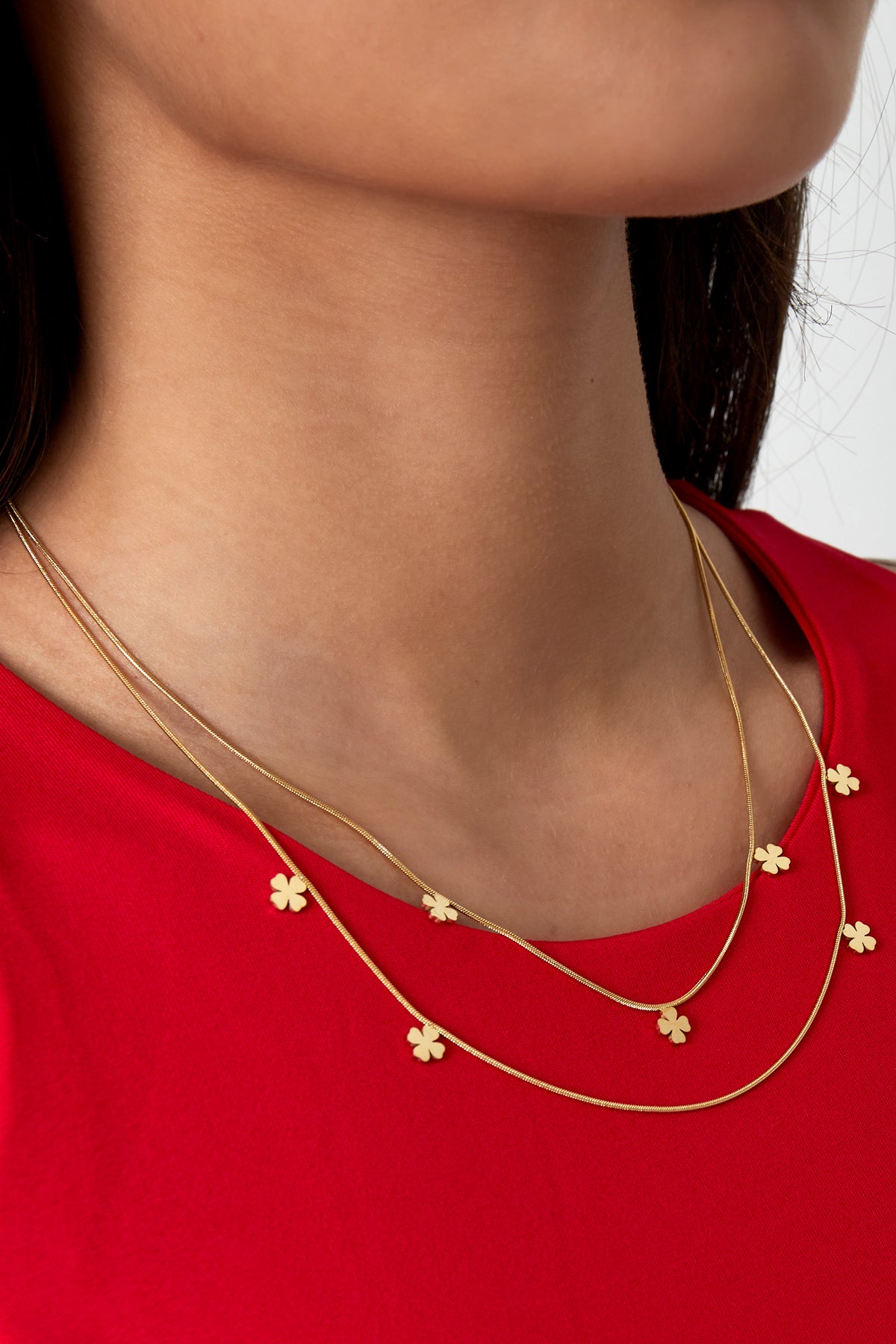 Layered women's stainless steel necklace with clover motif – gold-colored – image 2