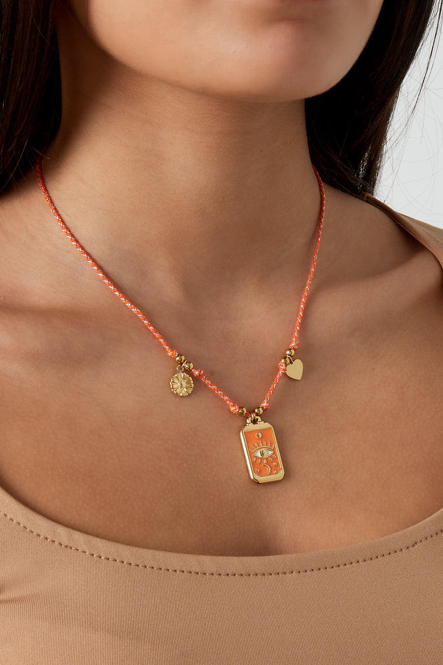 Collier tressé pour femme en acier inoxydable 304, cordon, émail avec forme organique – orange
