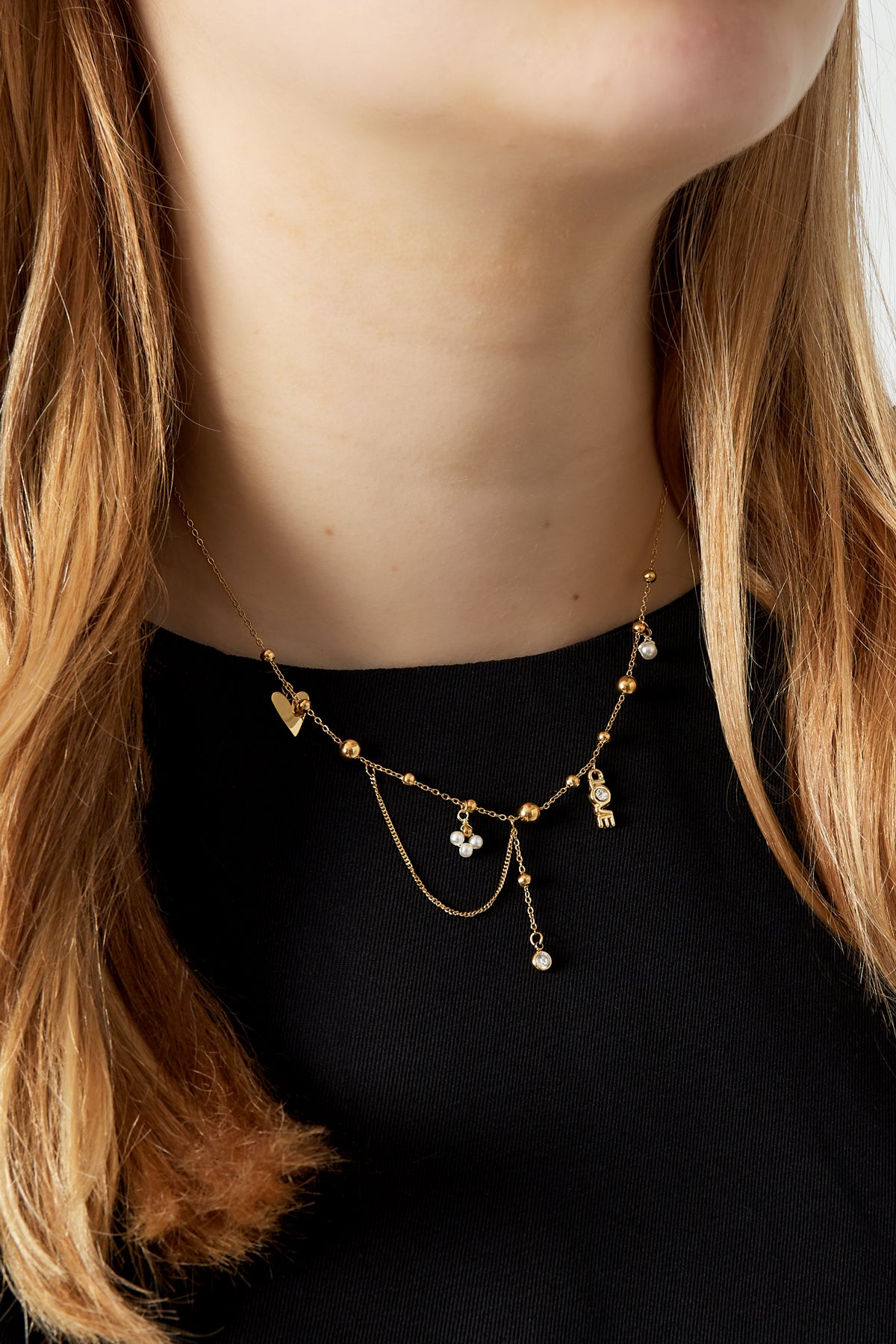 Women's necklace with pendant made of 304 stainless steel, imitation pearl, rhinestone with organic shape – image 2