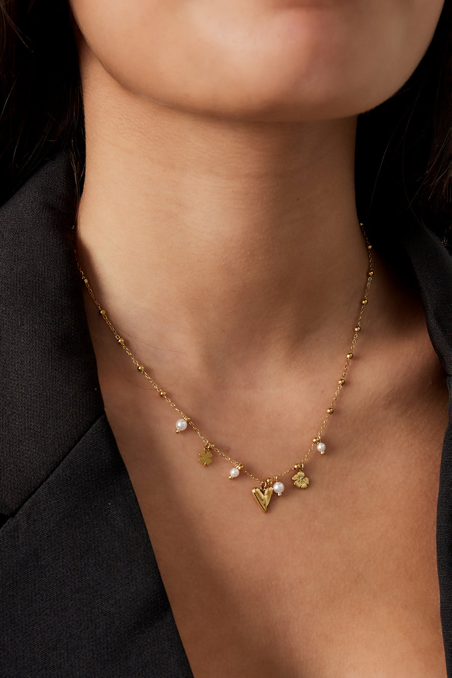 Collier femme avec pendentif en acier inoxydable, perle d'imitation en forme de cœur