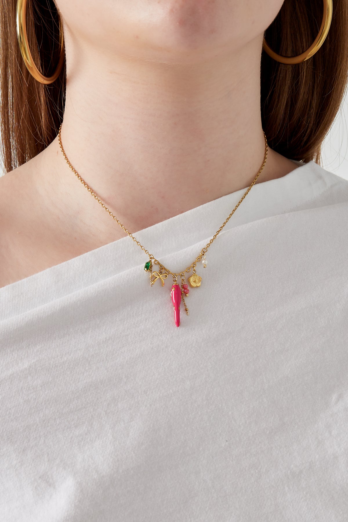 Women's Necklace with Pendant, Made of 304 Stainless Steel, Enamel, Rhinestone, Glass, Imitation Pearl – Gold-colored – image 2