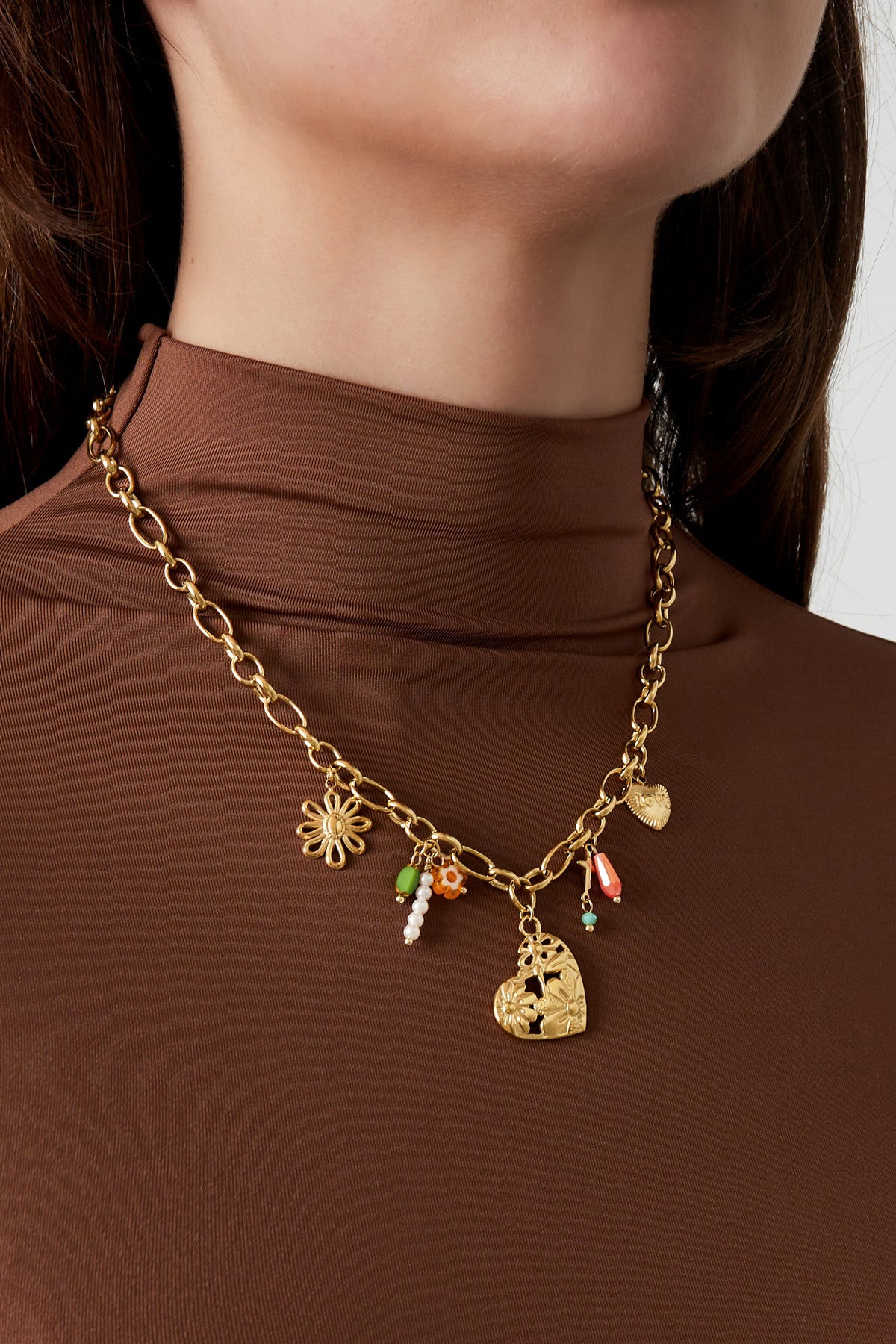 Collier femme avec pendentif en acier inoxydable 304, perle d'imitation, acrylique, verre avec forme de cœur – photo 2