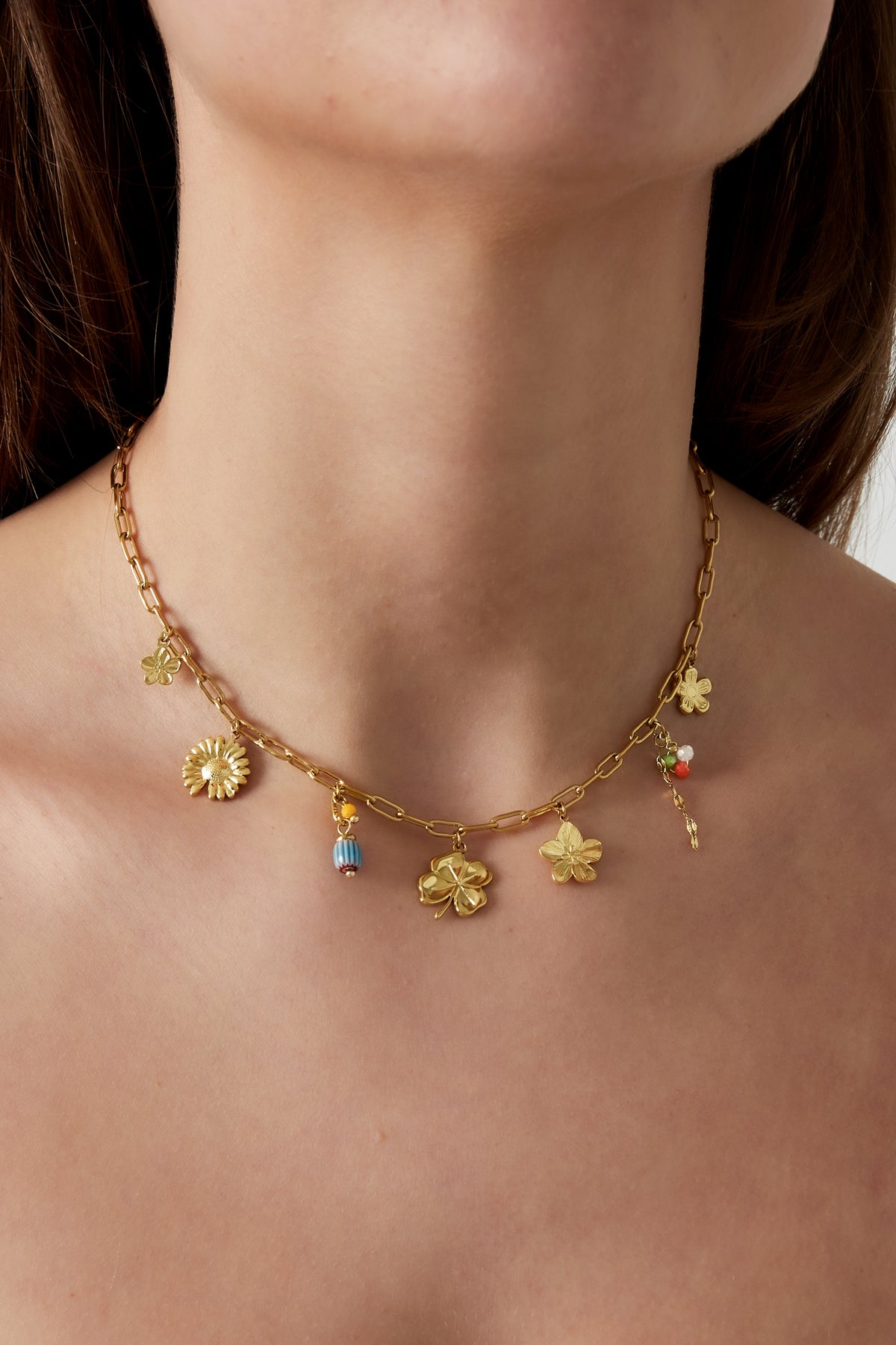 Collier pour femme avec pendentif en acier inoxydable 304, acrylique, verre, hématite et motif floral – couleur or – photo 2