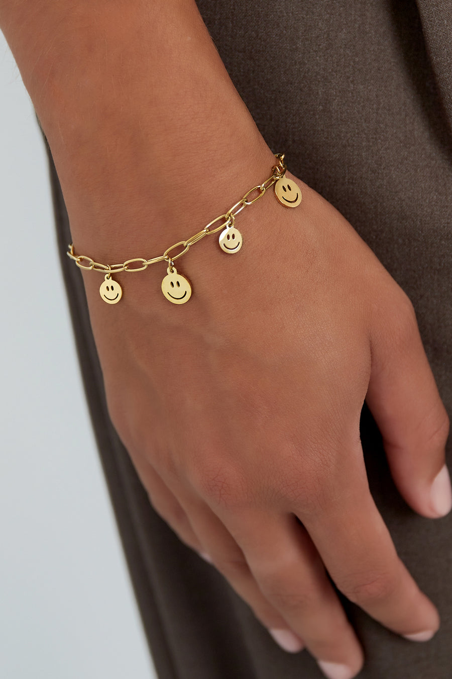 Women's Stainless Steel Charm Bracelet with Smiley Motif - Gold and Silver Toned