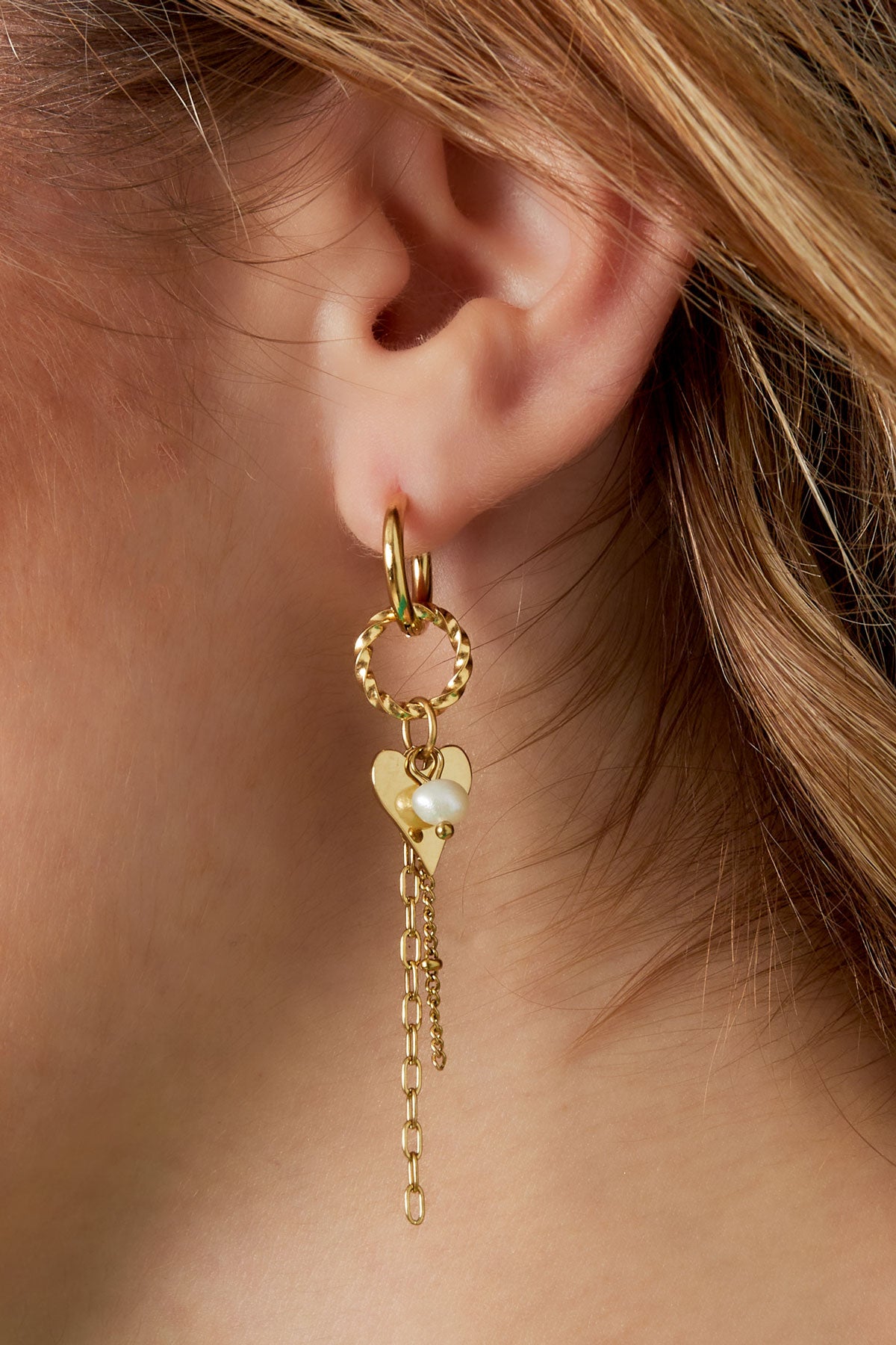 Stainless Steel Dangle Earrings for Women, Pearl with Heart Shape – Gold and Silver Tone – image 3