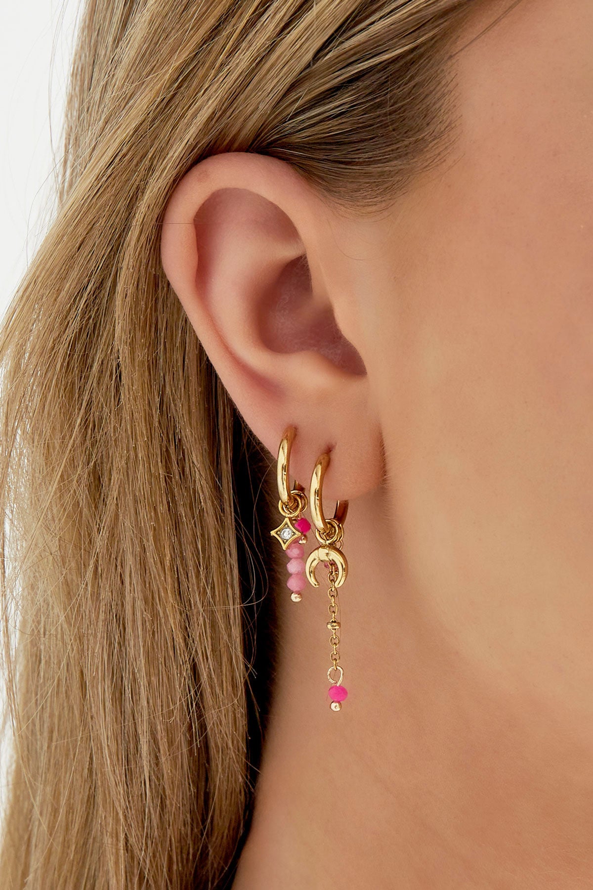 Beaded earrings for women in stainless steel, glass, rhinestones - green and pink – image 3