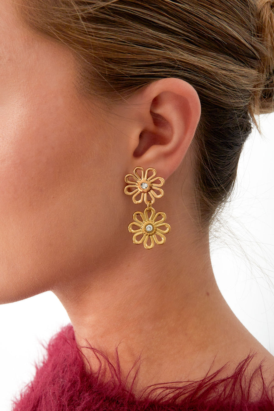 Boucles d'oreilles pendantes pour femme en acier inoxydable motif fleur - couleur or