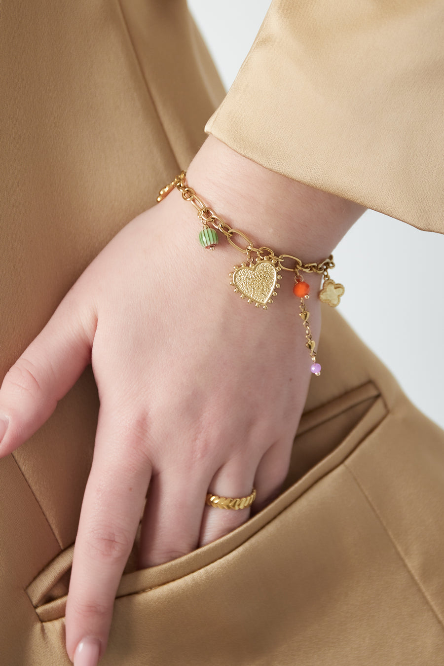 Bracelet à breloques pour femme en acier inoxydable 304, verre, acrylique, hématite avec cœur – couleur or