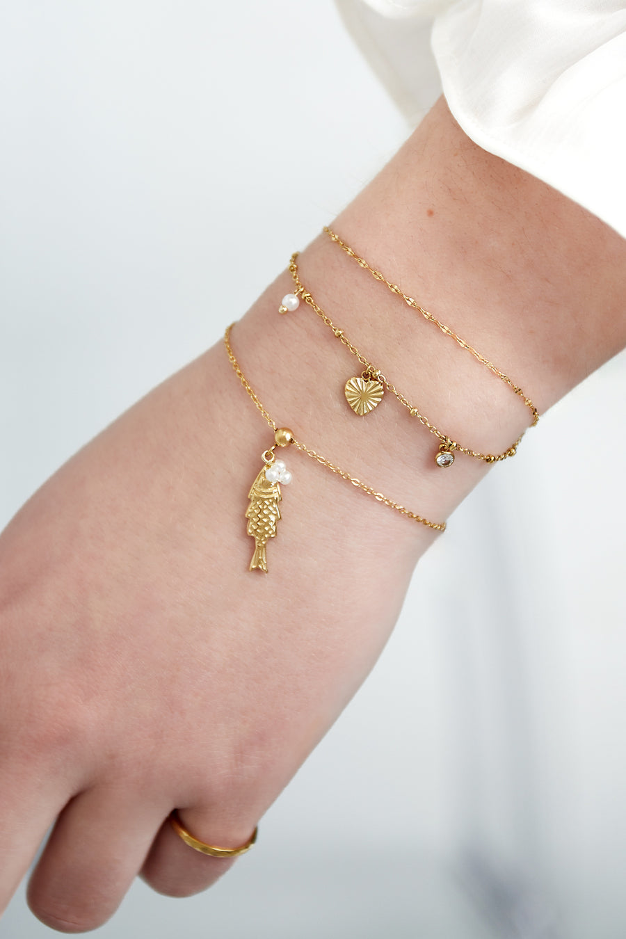Bracelet à breloques pour femmes en acier inoxydable 304, fausse perle, strass avec cœur
