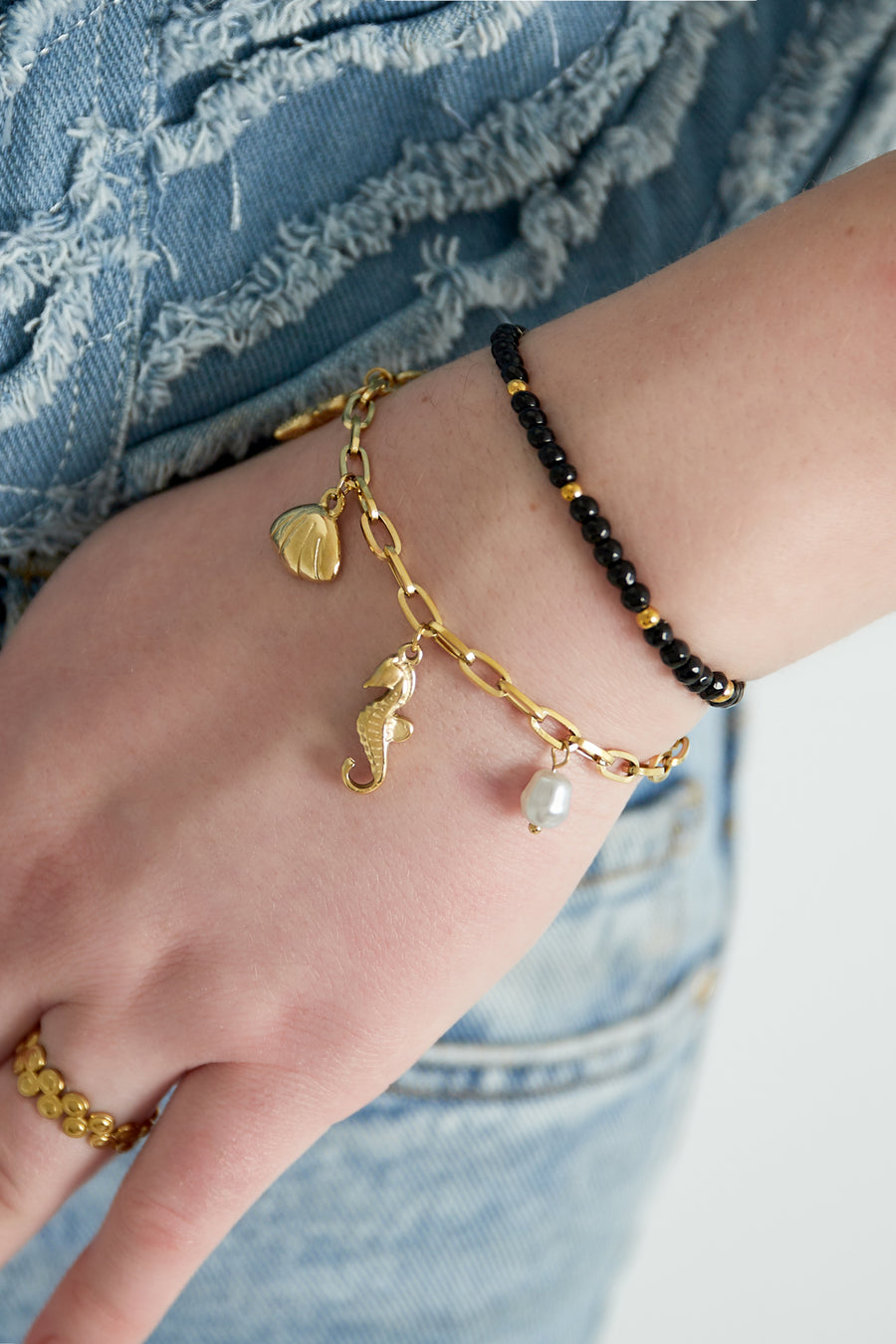 Bracelet perlé en acier inoxydable pour femmes – noir