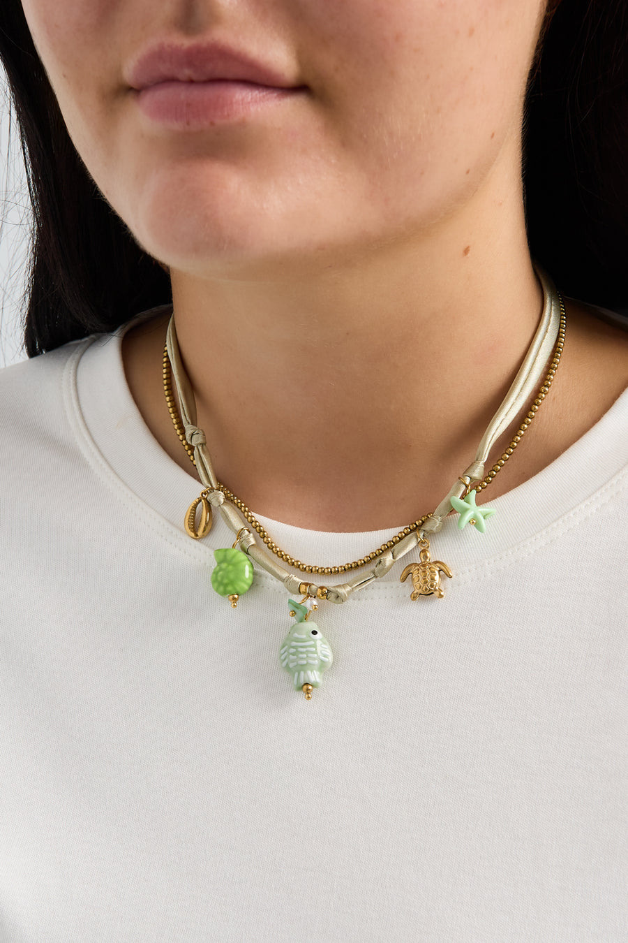 Collier tressé pour femme en polyester, céramique, pierre, perle d'imitation, émail avec motif poisson