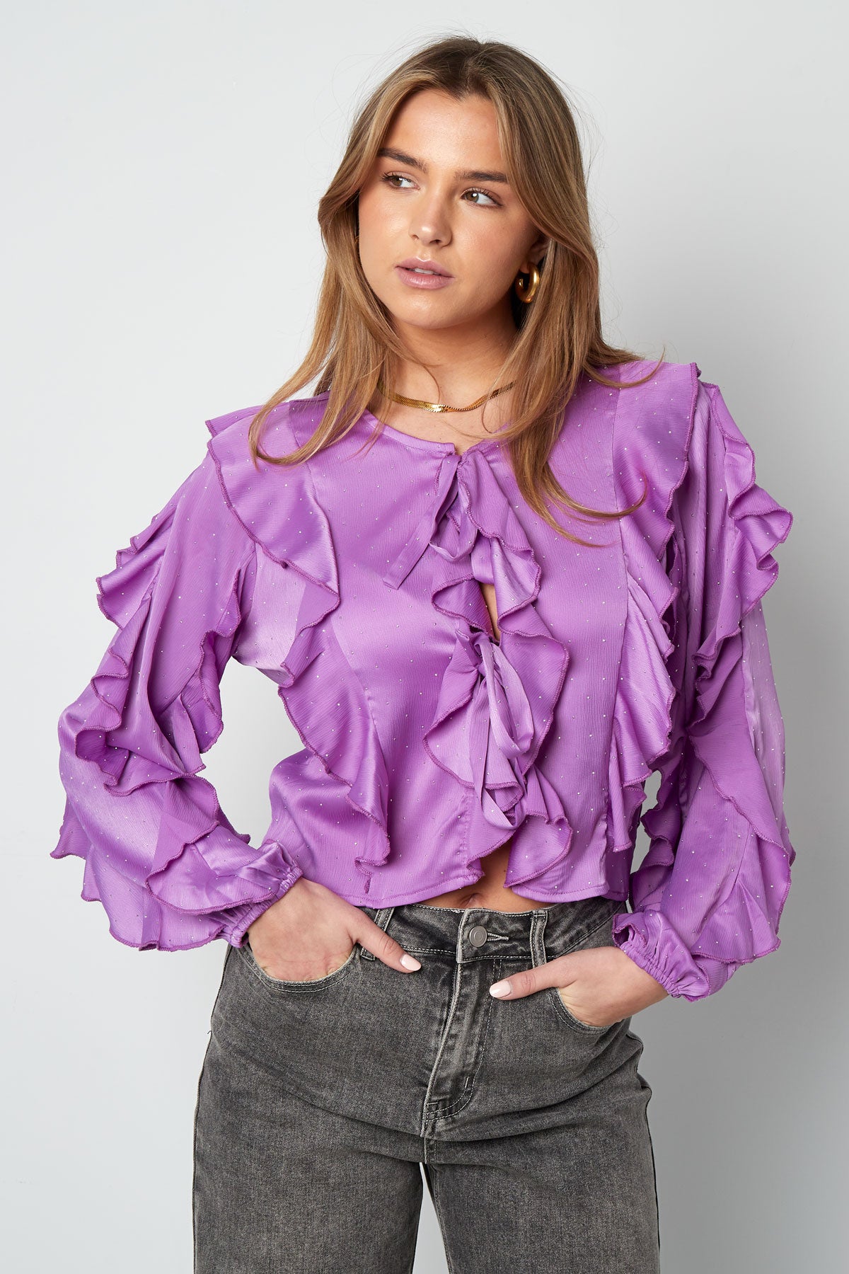 Polyester Vrouwen Lange Mouw Top Met Plooien Voorzijde Knoop