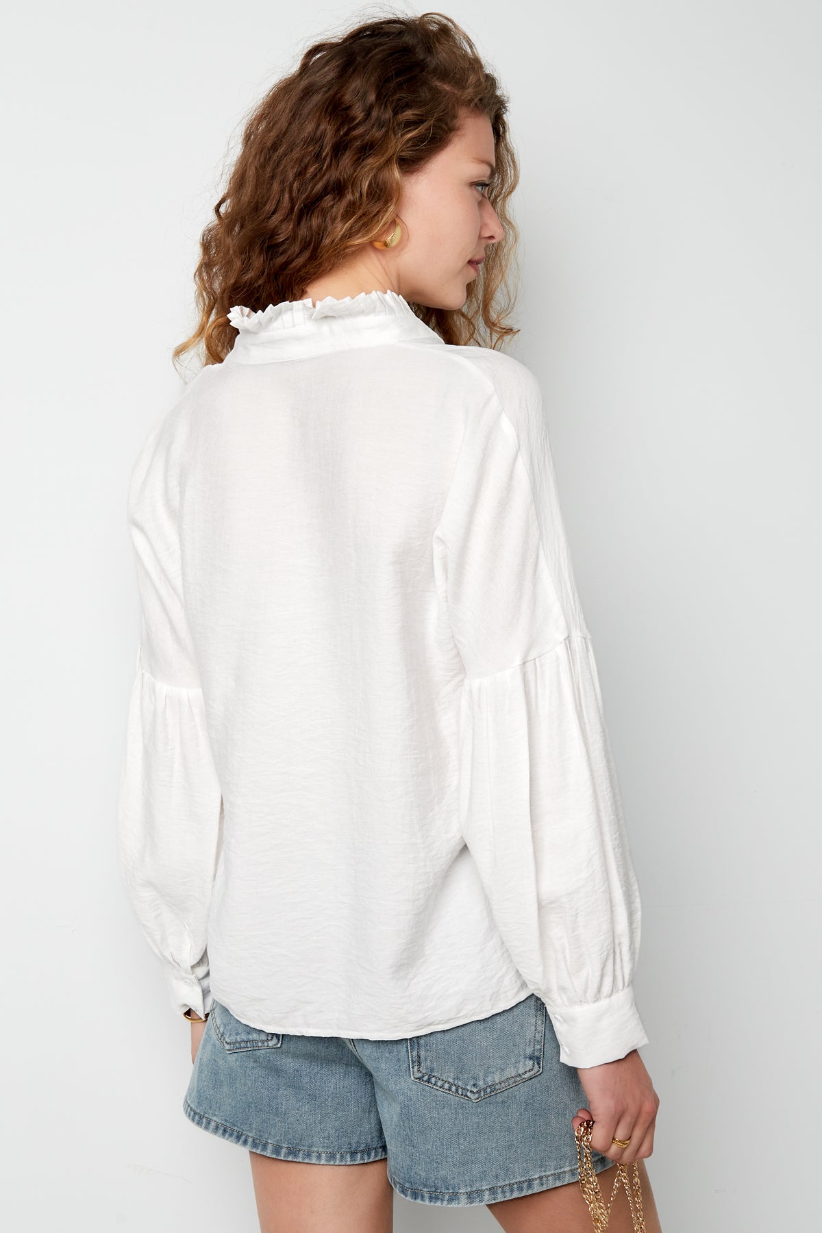 Viscose Vrouwen Overhemd Puff Mouw Hoge Kraag