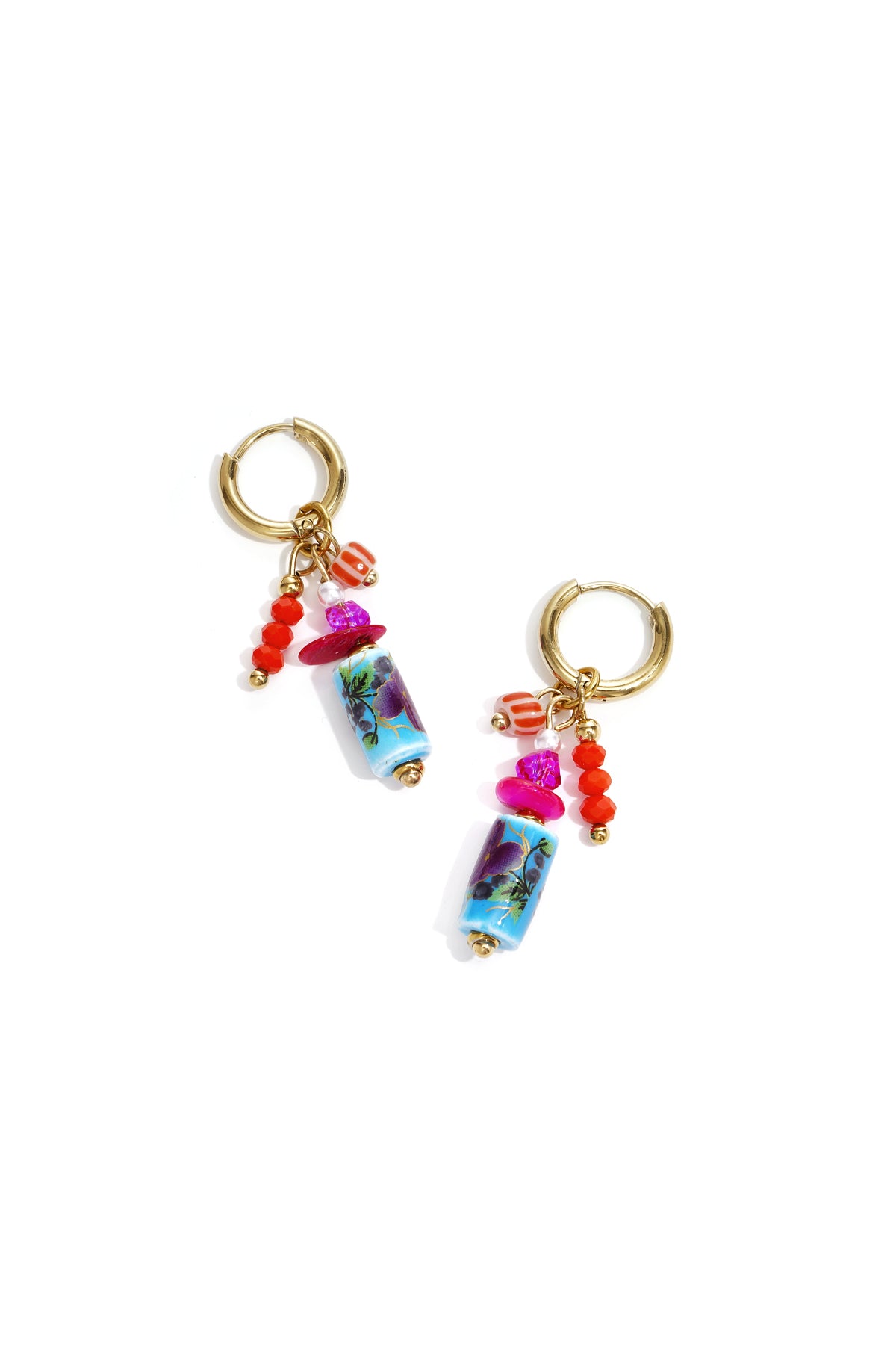 Boucles d'oreilles pendantes perlées pour femme en acier inoxydable, ABS, cristal, céramique, coquillage, verre – bleu et rose