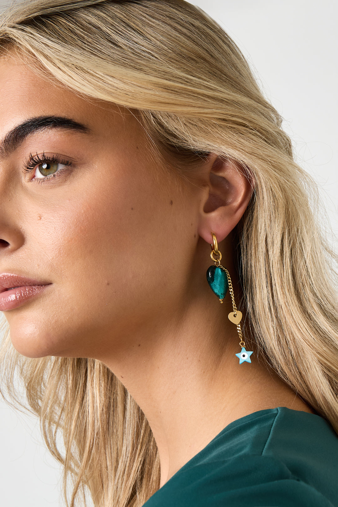 Boucles d'oreilles pendantes pour femmes en acier inoxydable, émail, coquillage avec cœur et étoile – bleues – photo 2