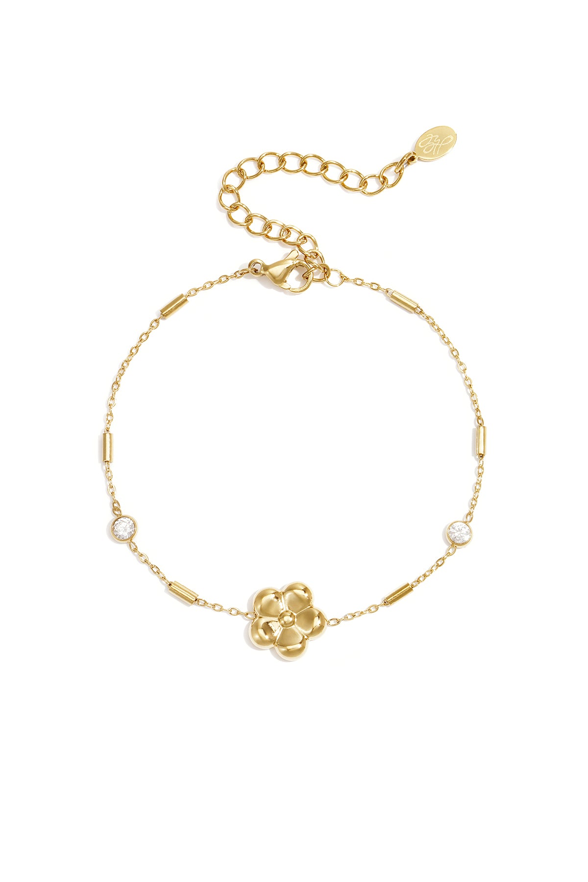 Women's Stainless Steel Charm Bracelet with Floral Design - Gold-colored