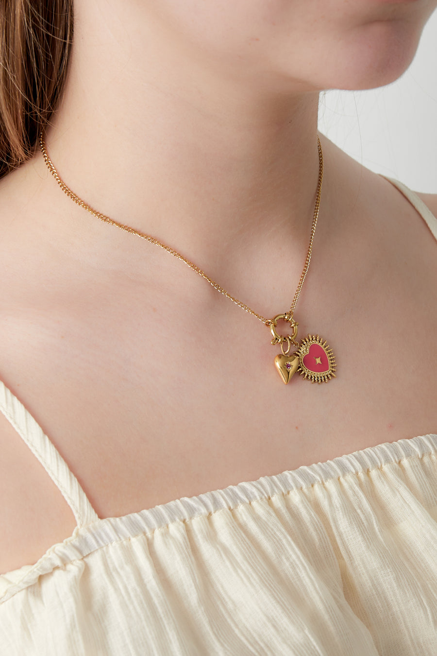 Collier pour femme avec pendentif en acier inoxydable, émail, perle d'imitation, verre, strass – couleur or