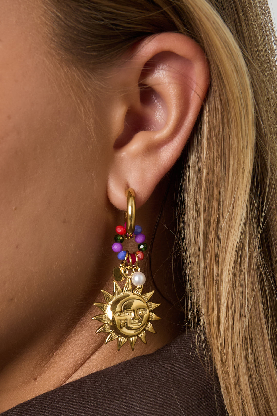Boucles d'oreilles pendantes pour femmes en acier inoxydable 304, cristal, perle d'imitation avec motif soleil – Couleur or – photo 3