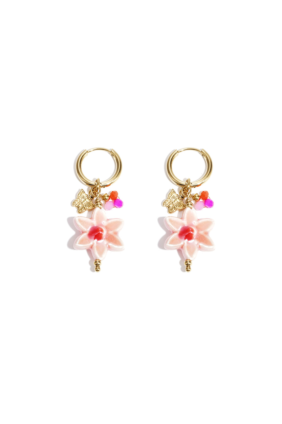Boucles d'oreilles pendantes pour femmes en acier inoxydable 304, céramique, verre, hématite avec motif floral – rose