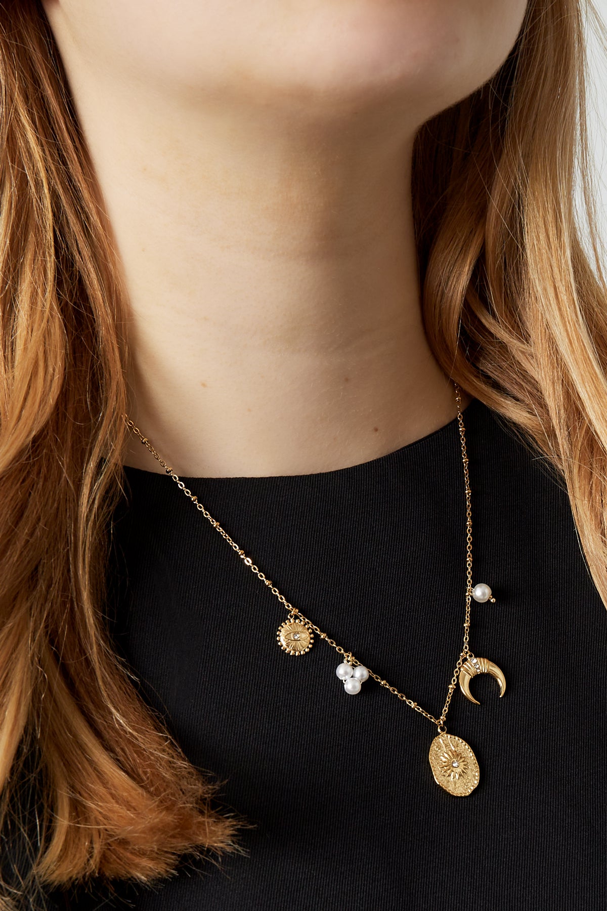 Women's necklace with 304 stainless steel pendant, rhinestones, organic-shaped imitation pearl – image 2