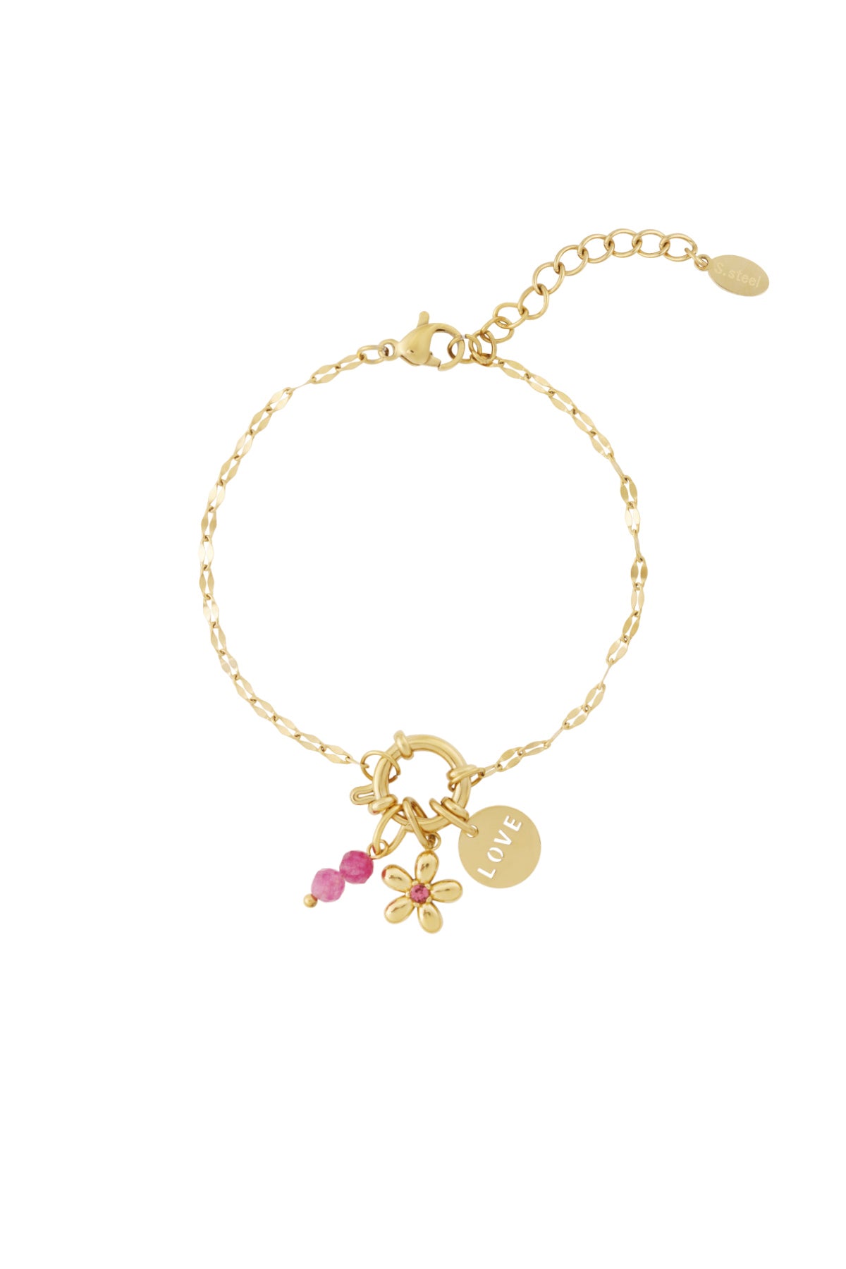 Stainless steel women's charm bracelet with enamel, imitation pearl, stone, rhinestone with floral motif – image 2