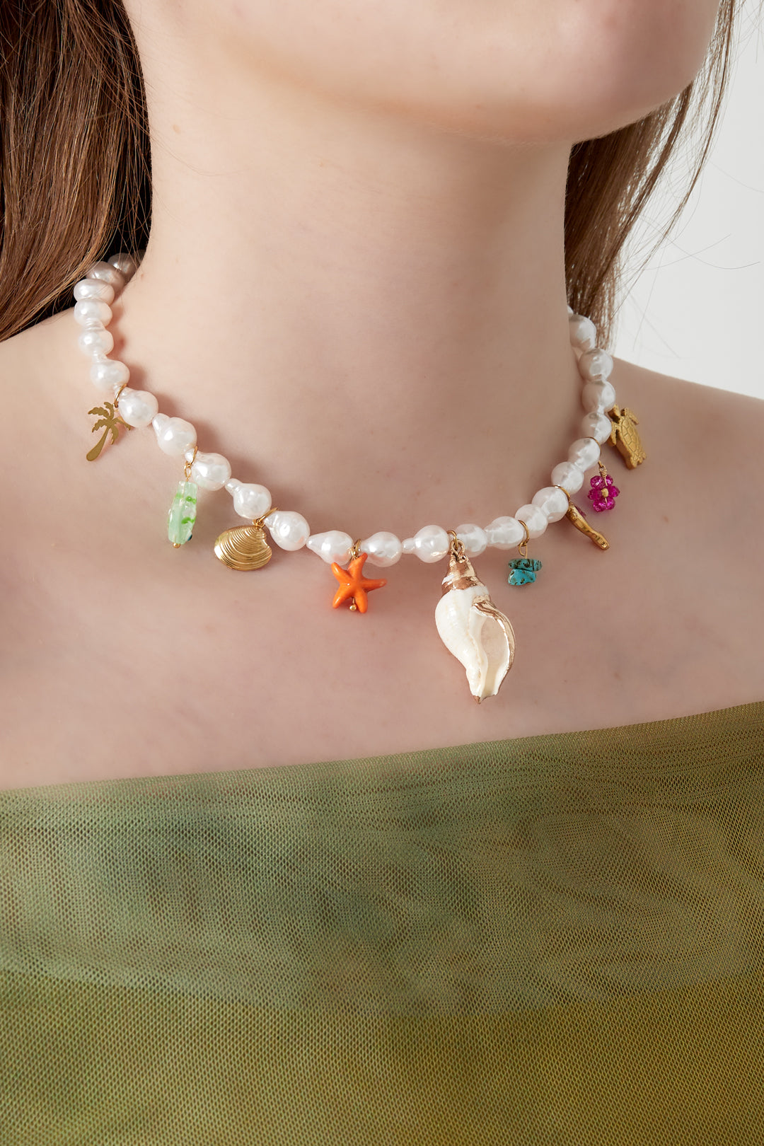 Collier de perles pour femme en fausse perle, cristal, pierre, verre, acier inoxydable, conque – blanc – photo 2