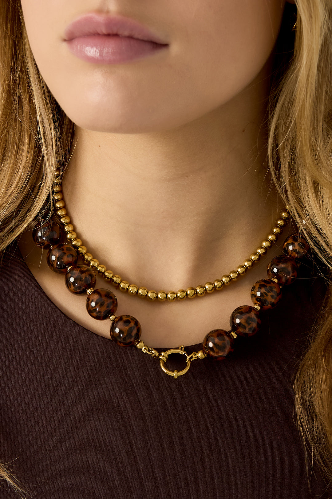 Leopard Print Acrylic Beaded Necklace for Women - Brown – image 2
