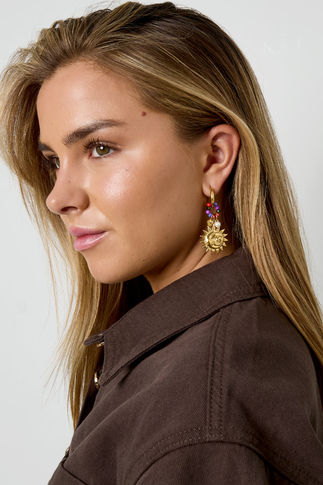 Boucles d'oreilles pendantes pour femmes en acier inoxydable 304, cristal, perle d'imitation avec motif soleil – Couleur or – photo 2