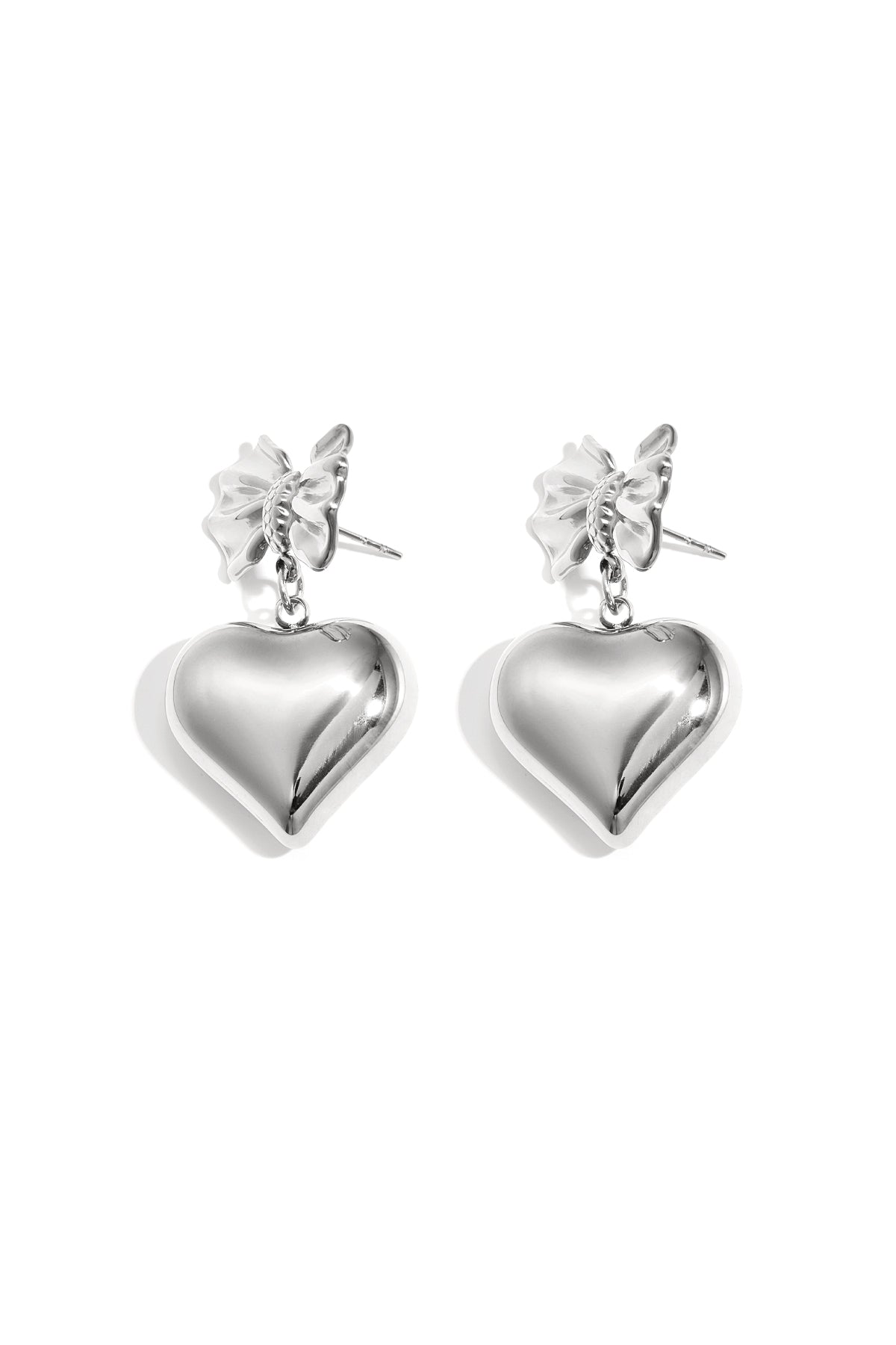Women's Stainless Steel Dangle Earrings with Heart Shape and Bow Detail