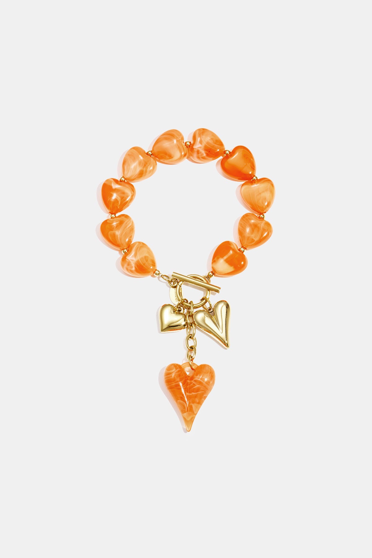 Dames kralenarmband met hangende harten in watermeloenrood