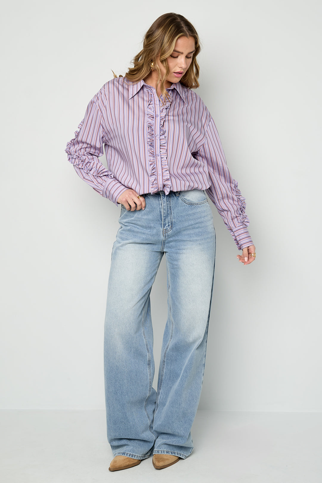 Dames katoenen blouse met ruches en strepen – productfoto 4