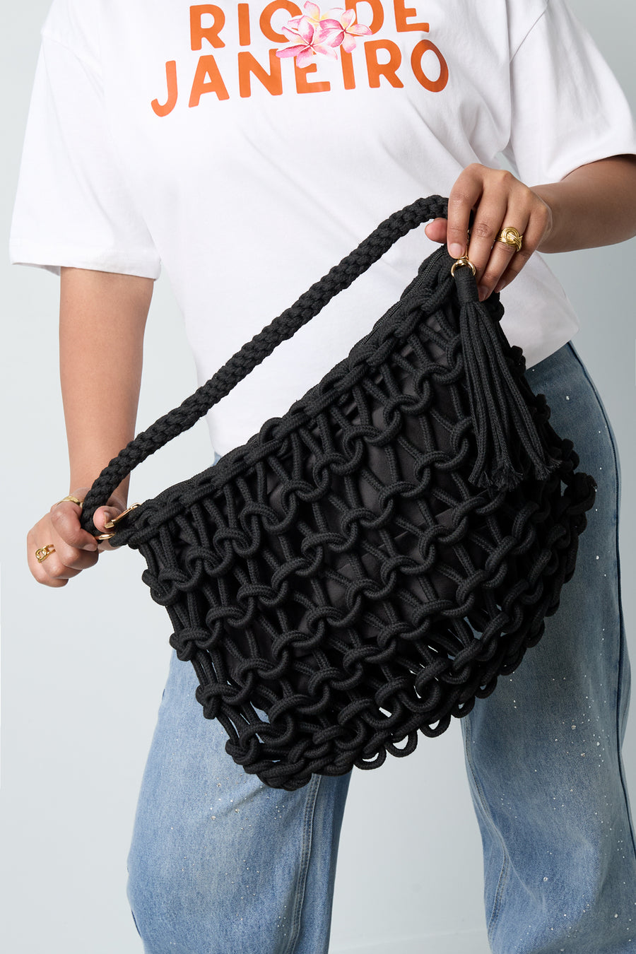 Sac de plage 100 % coton au design uni et détail tressé avec fermeture éclair