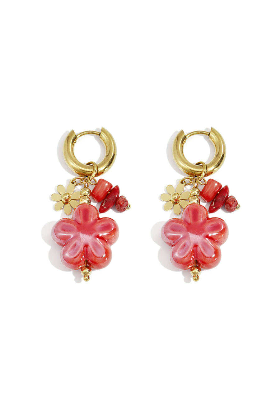 Boucles d'oreilles pendantes pour femmes en acier inoxydable, pierre, céramique à motif floral – marron et rouge
