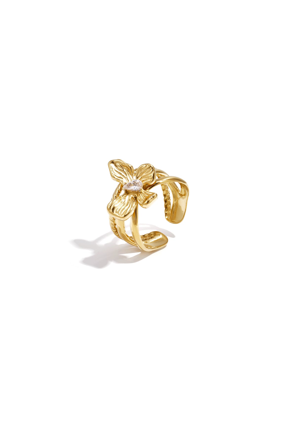 Bague statement pour femme en acier inoxydable avec motif floral – couleur or