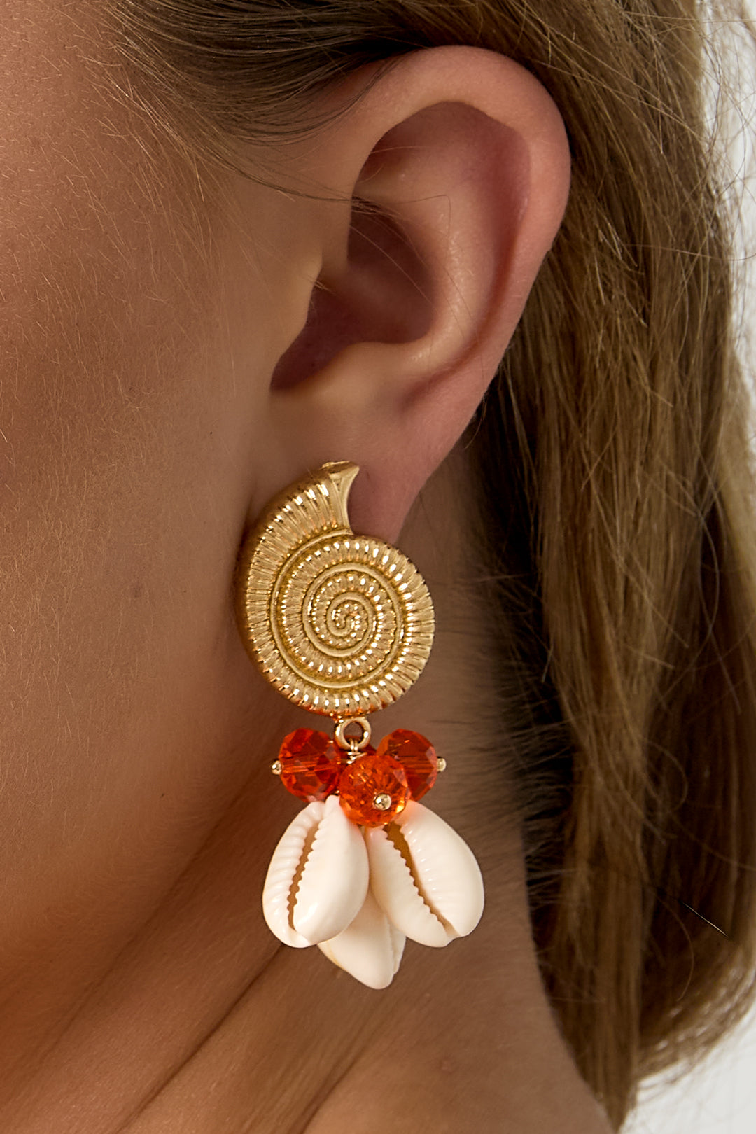 Boucles d'oreilles pendantes pour femmes en alliage, verre, coquillage avec motif coquillage – orange et rose-rouge – photo 3