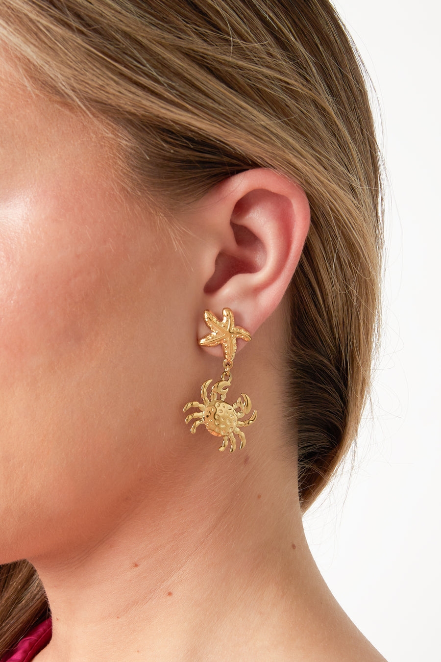 Women's Stainless Steel Drop Earrings with Animal and Starfish Motif – Gold-colored