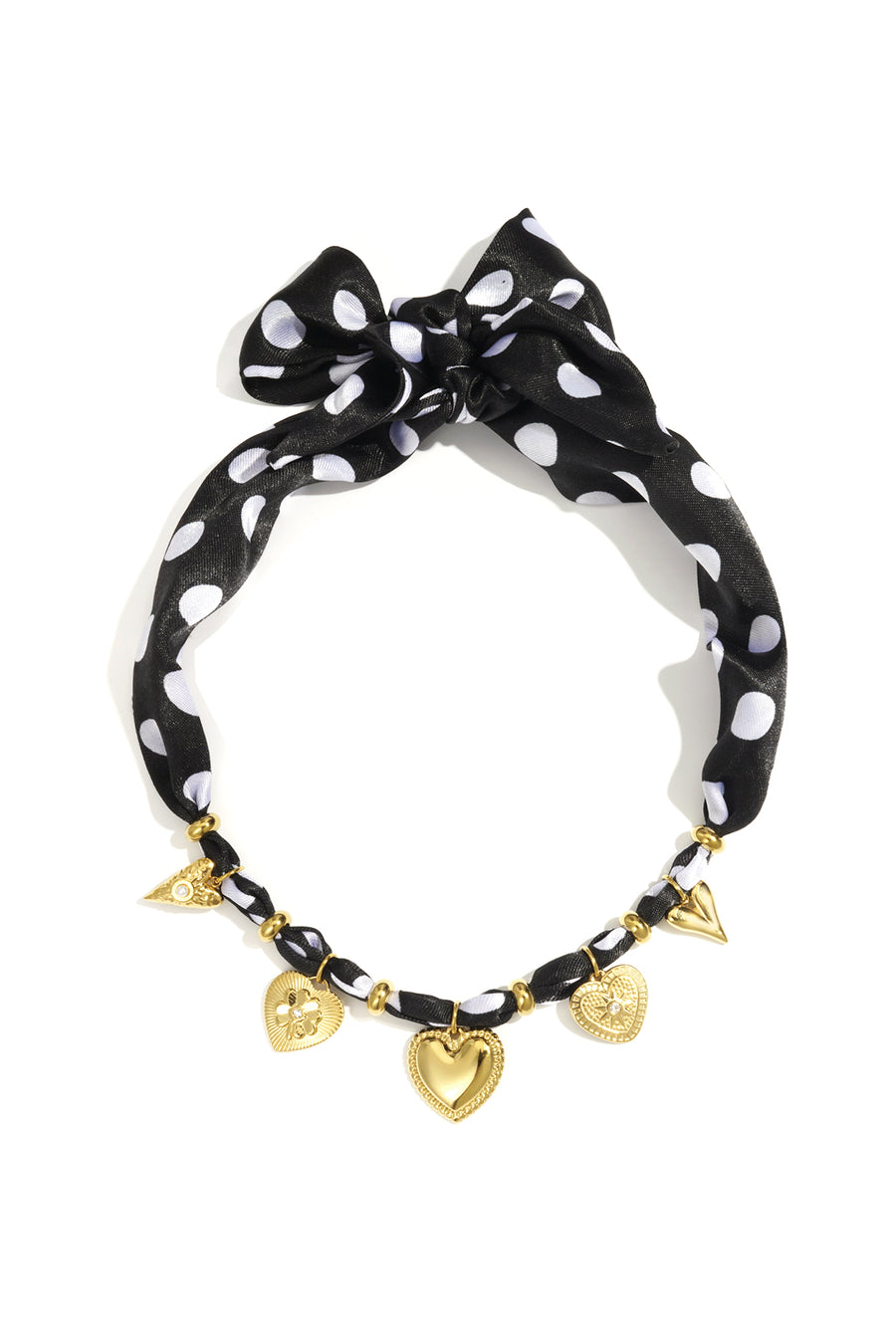 Collier tressé pour femmes en acier inoxydable avec cœur et pois – noir
