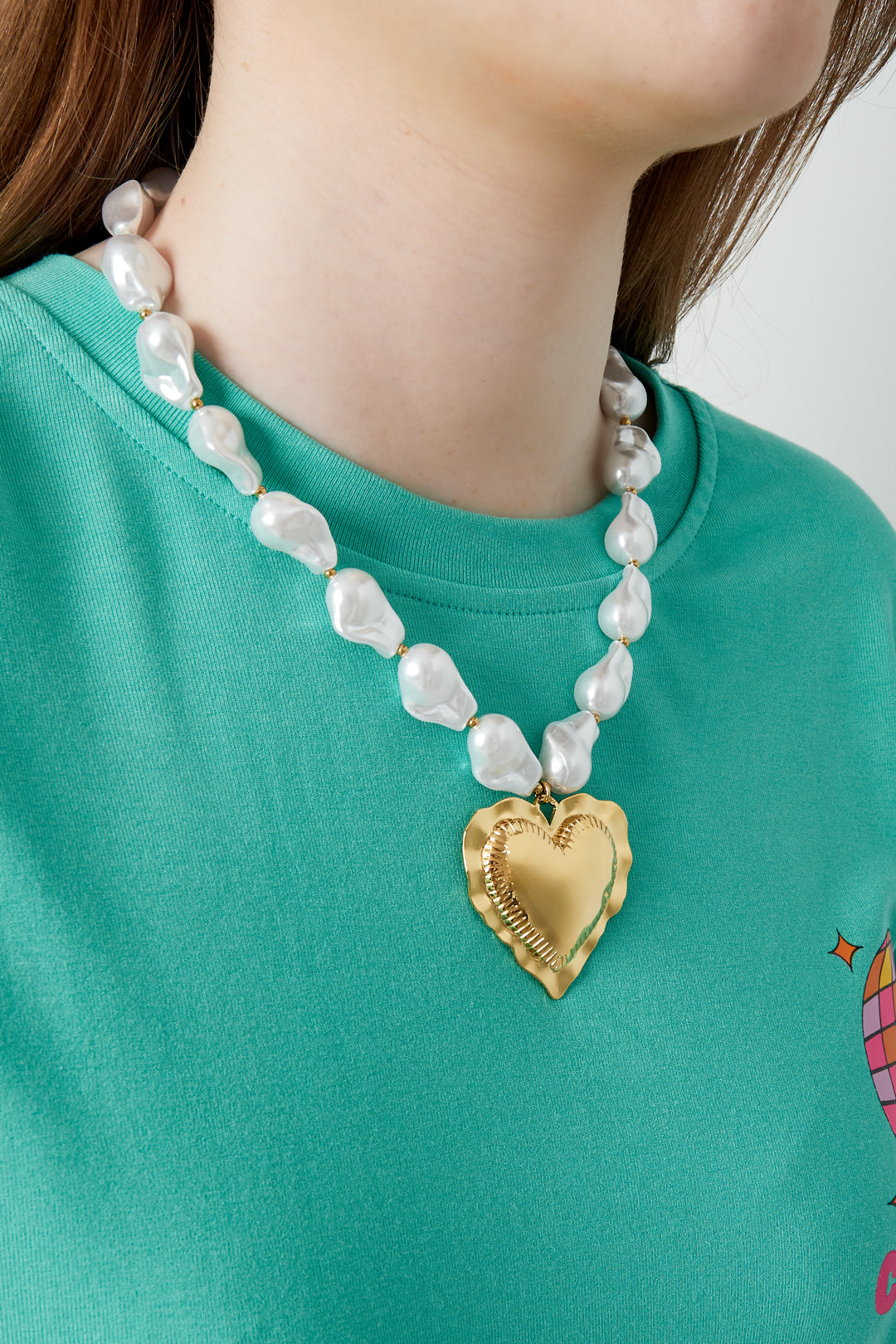Collier de perles pour femme en acier inoxydable, perle d'imitation en forme de cœur – couleur or – photo 2