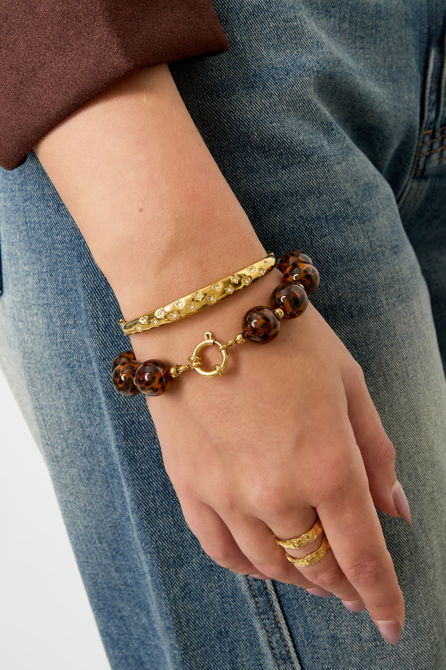 Bracelet de perles pour femmes en acrylique à imprimé léopard – marron