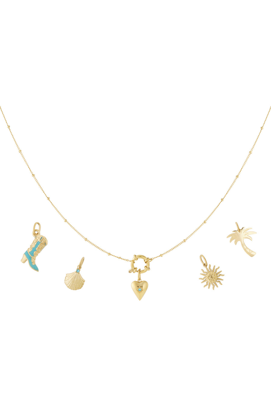 Collier femme en acier inoxydable, émail, strass avec motif soleil et cœur – doré