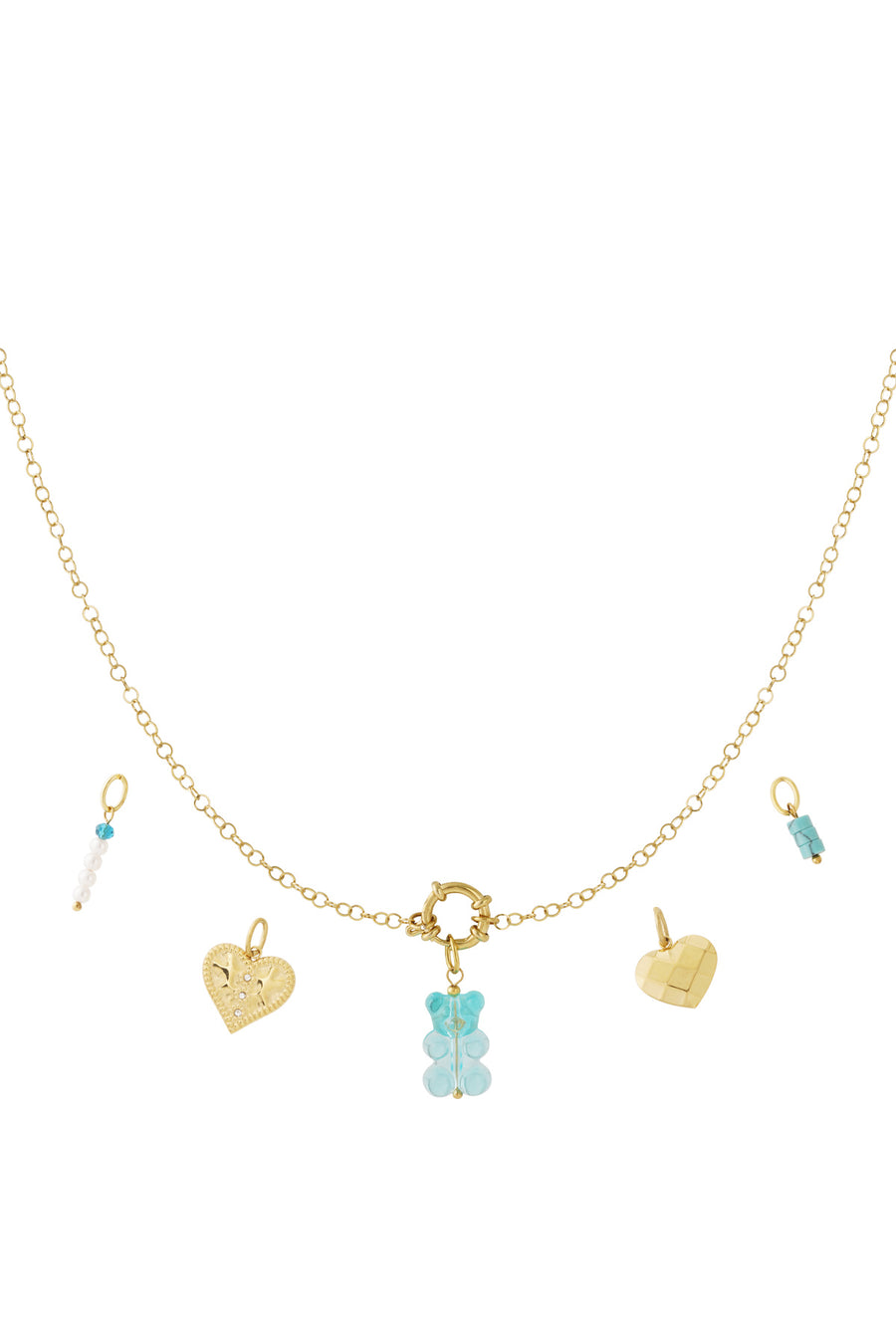 Collier pour femmes avec pendentif en acier inoxydable, pierre, perle d'imitation, strass, résine – couleur or